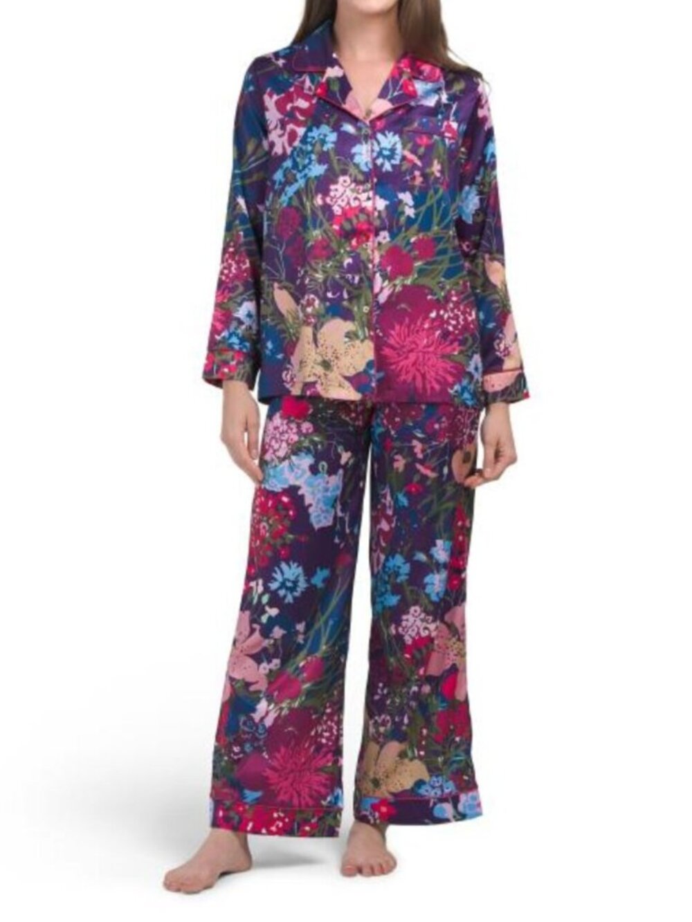 DALIA MACPHEE 2pc Satin Floral Notch Collar Pajama Top And Pants Set